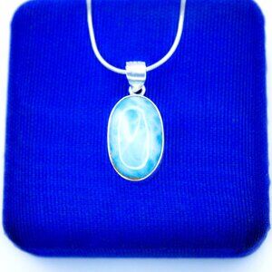 925 Sterling Silver Blue Larimar Oval Cabochon Pendant Snake Chain Necklace